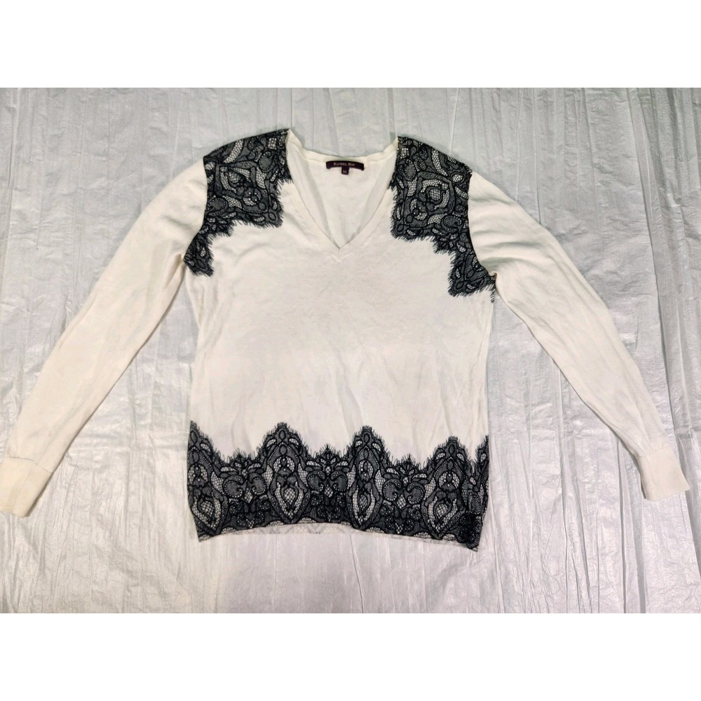 Rachel Roy Sweater Women White Extra Small Pullover With Black Lace Print XS